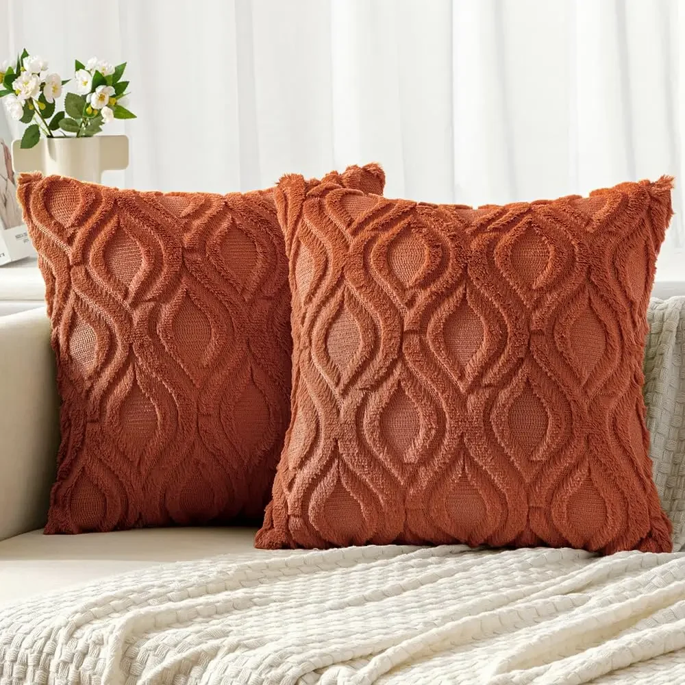 Fall Rust Orange Throw Pillow Covers 45x45CM Soft Plush Faux Wool Couch Cushion Cover Boho Throw Pillow for Sofa Living Room Bed