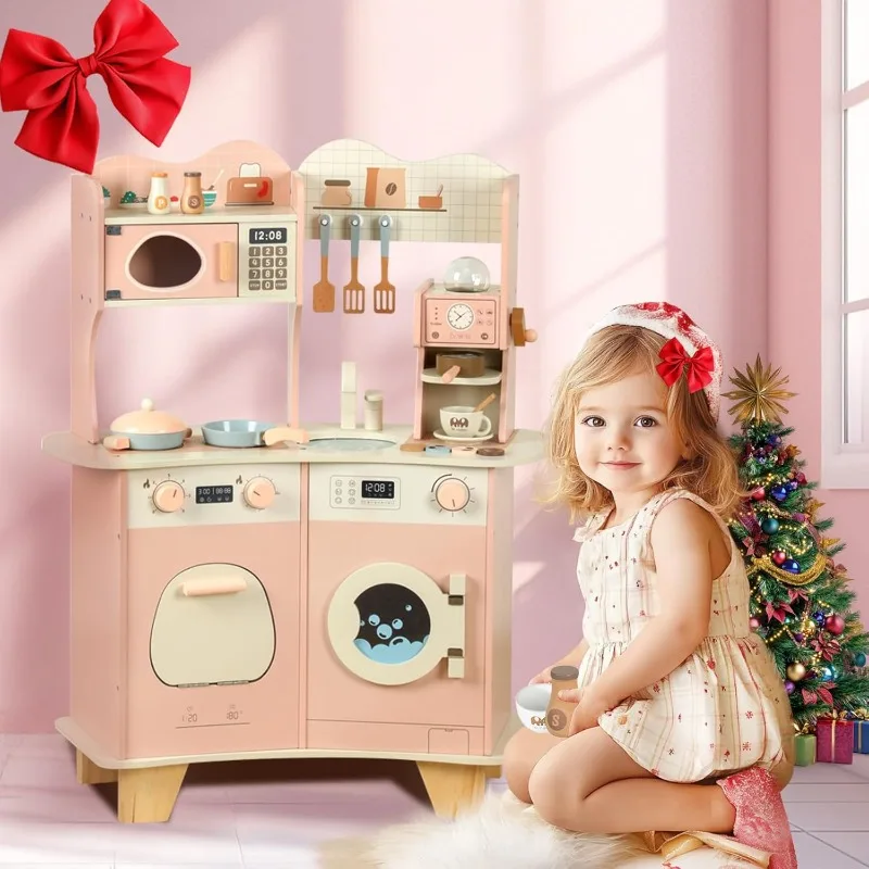 

Wooden Play Kitchen Set Pretend Play for Kids with Realistic Accessories Toddlers Kitchen Playset with Dishwasher for Boys Girls