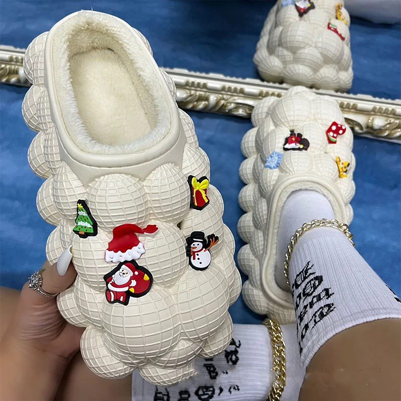 DIY Fashion Shoes Chain Slippers Creative Christmas Red Slippers Women Lychee Slides Warm Home Slides Platform Bubble Slippers