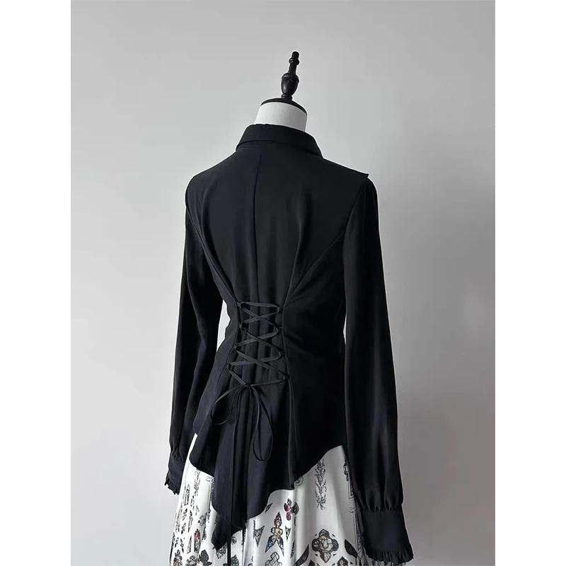 Gothic Ruffles Black Shirts Women Kawaii Lolita Cutecore Bandage White Blouses Japanese Vintage Harajuku Long Sleeve Slim Tops view 4