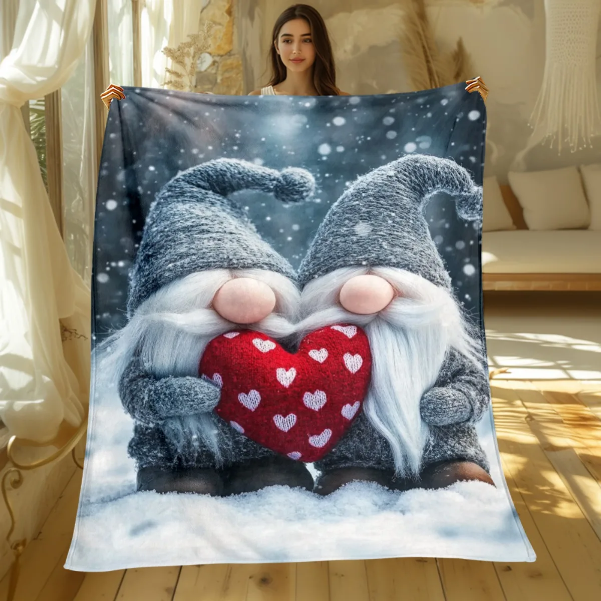 1pc Love Gnomes Holding Heart Valentine's Day Couple Fleece Blanket Romantic Winter Theme Soft Cozy Throw for BedroomLiving Room