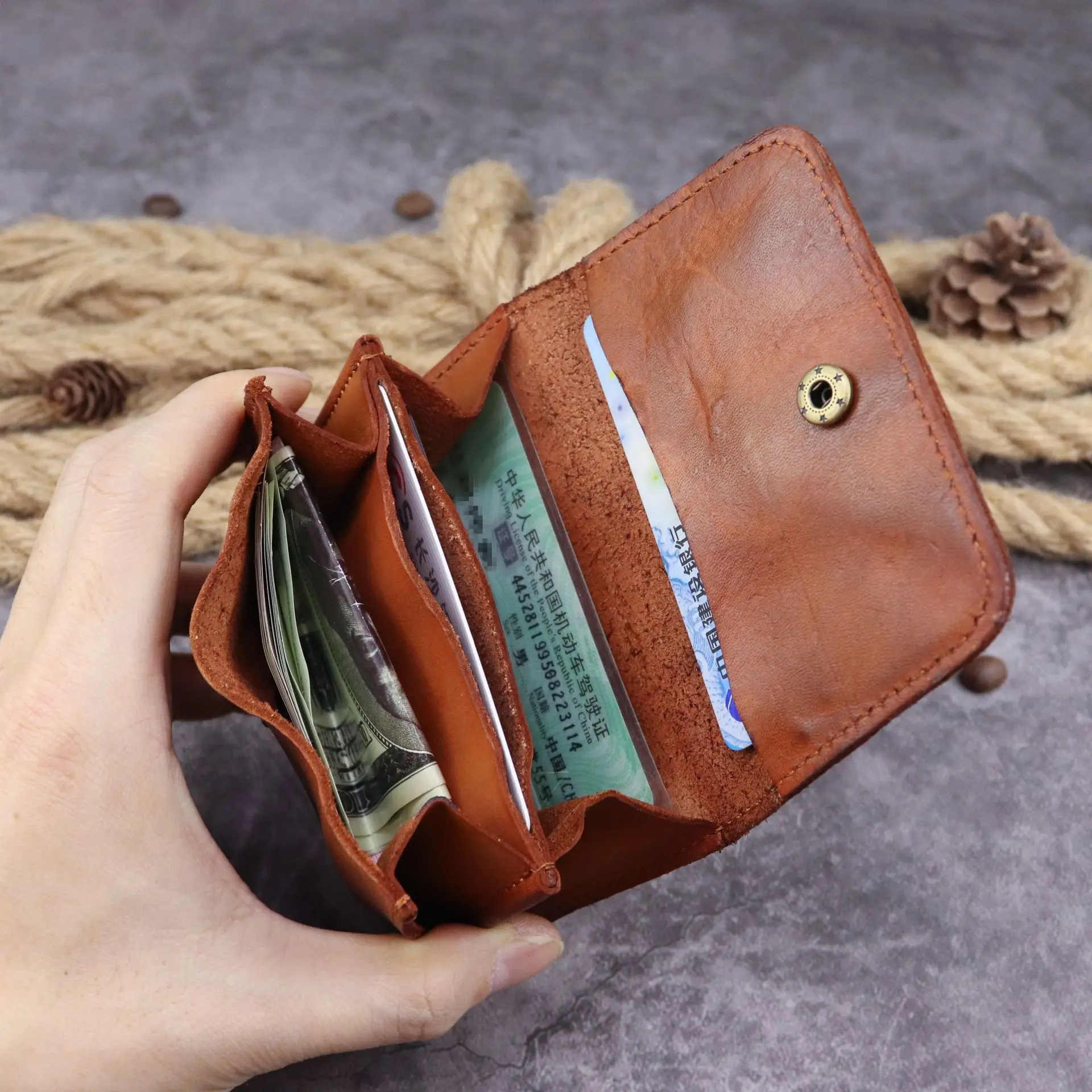 Genuine Leather Vegetable-Tanned Leather Card Holder Japanese Punk Style Multi-Layer Storage Vintage Genuine Leather Card Holder