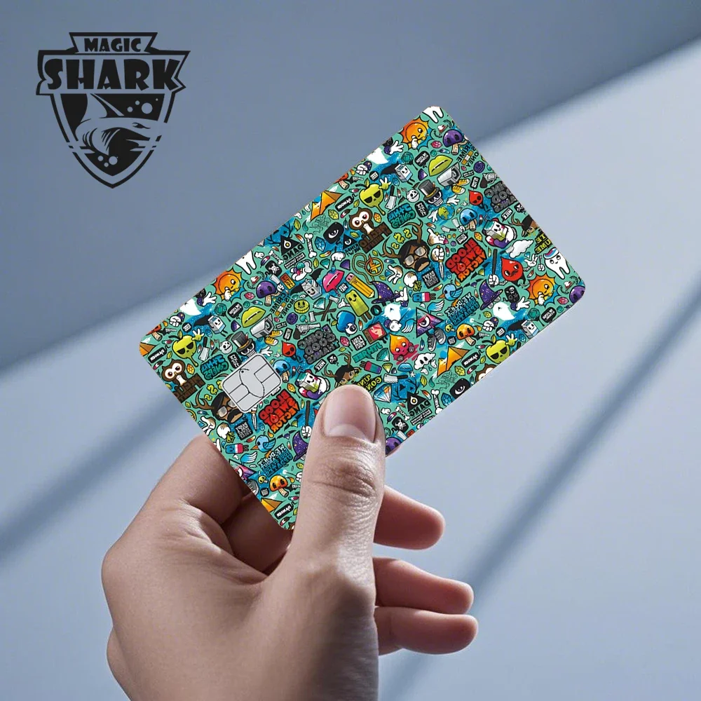 غطاء لاصق من الجلد المقاوم للماء من Maigc Shark Dandelion Pizza Graffiti Fox Bread لبطاقة الائتمان الخصمية بدون تتلاشى