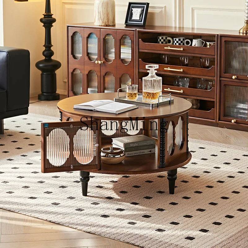 طاولة قهوة عتيقة لغرفة المعيشة FG مصنوعة من الخشب الصلب القديم مع وظيفة تخزين مستديرة #4