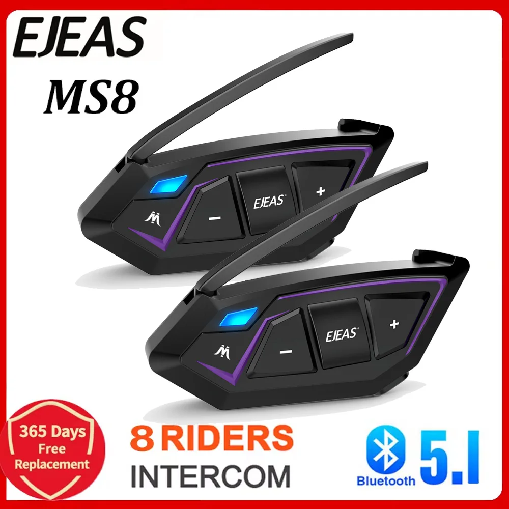 

EJEAS MS8 Bluetooth Motorcycle Helmet Waterproof Intercom Headset Max 7000M BT Mesh Interphone Communicator for 8 Riders FM