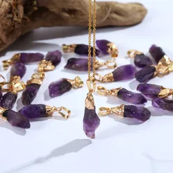 1Pc Natural Amethyst Quartz Crystal Specimen Pendant with Gold Cap Healing Rough Stone Amulet Gifts