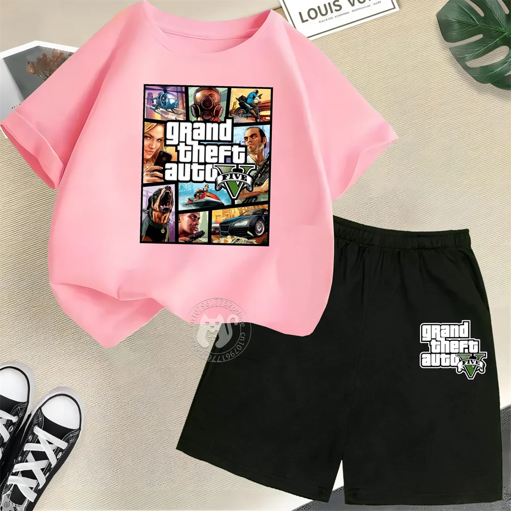 Grand Theft Auto GTA 5 Children\'s Short Sleeve Set Boys Girl Round Neck T-shirt+shorts Leisure Cotton Summer fashion Clothing