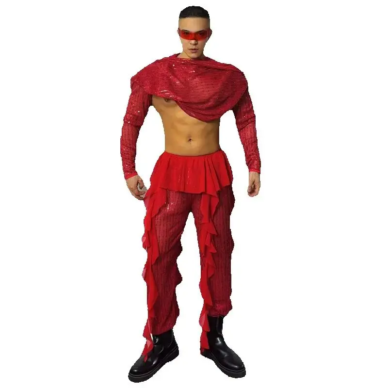 Traje de bailarina Gogo con lentejuelas rojas, ropa de baile en barra para hombre, traje de baile de Jazz para hombre musculoso, club nocturno, Bar, DJ, escenario, ropa individual XS10256