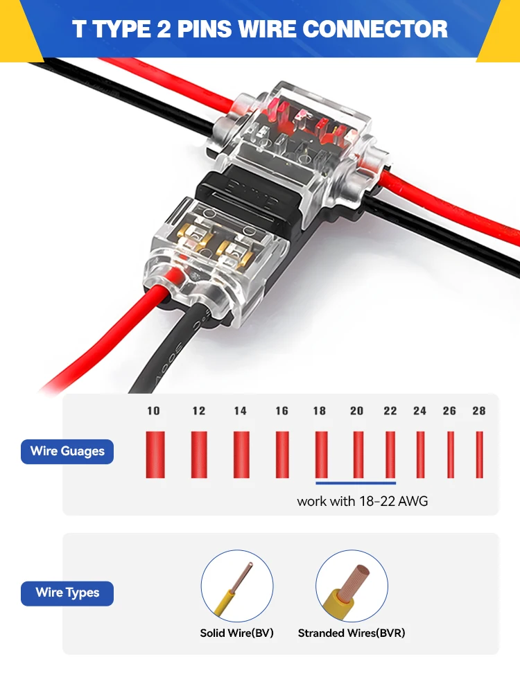 Connecteur d'épissure rapide T2, 5/10 pièces, 2 broches, sans soudure, sans pelage, Terminal de câble, menuisiers de prise électrique automatique pour voiture et camion