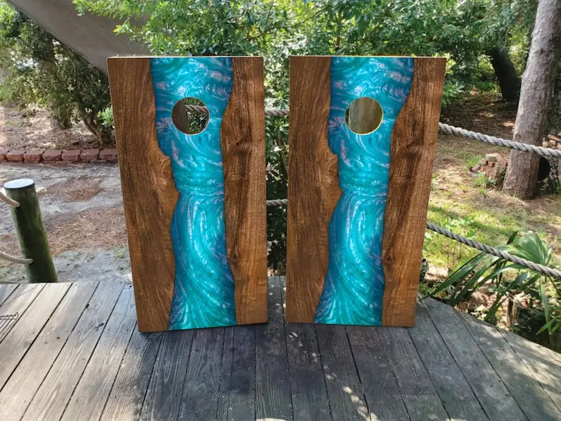 WATERPROOF & NON FADING Cornhole Board Wraps - Turquoise Epoxy River - Easy to Apply, Laminated, Weatherproof, Custom Design, Na