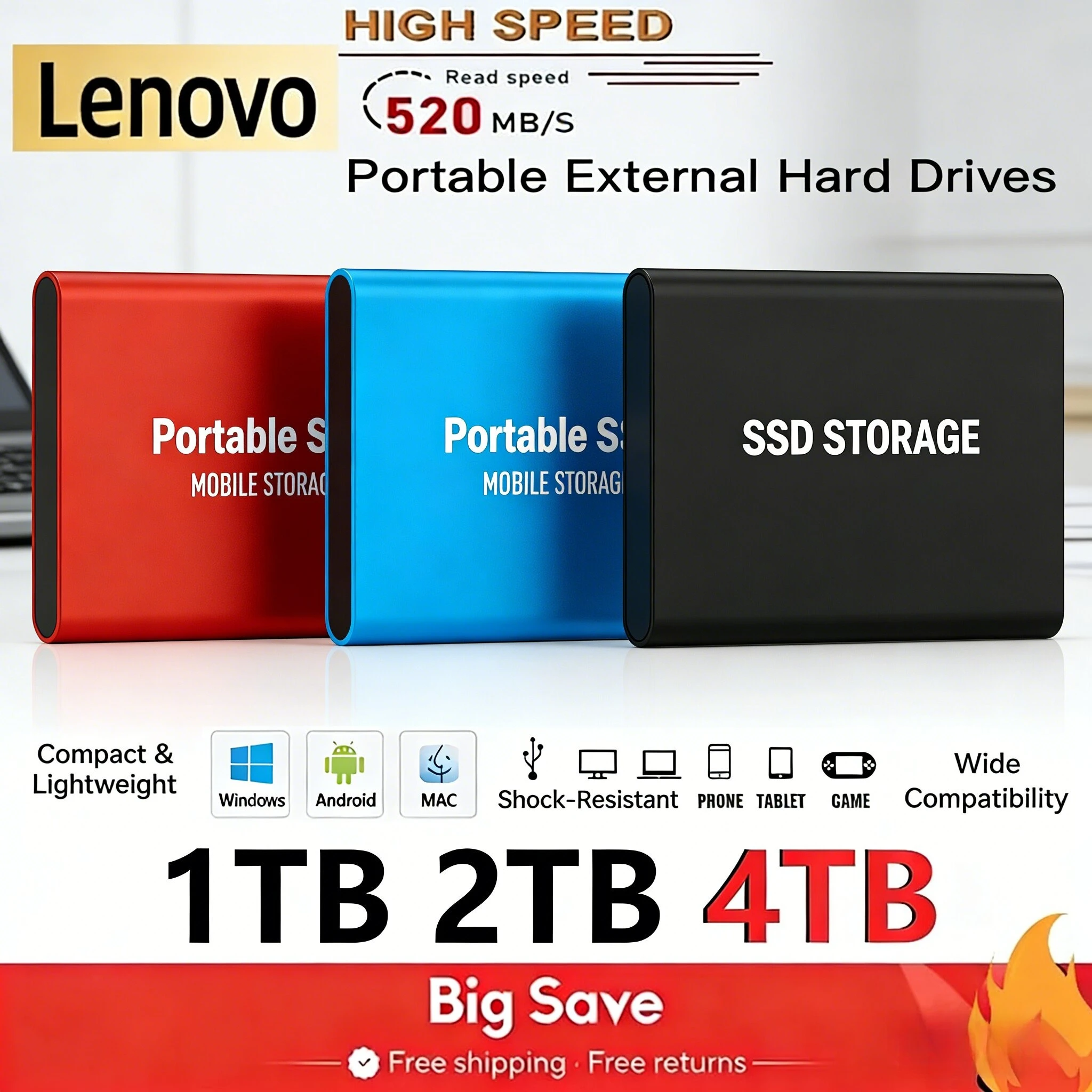 Lenovo T5 USB 3.1 Portable SSD 2TB 4TB 8TB External Solid St