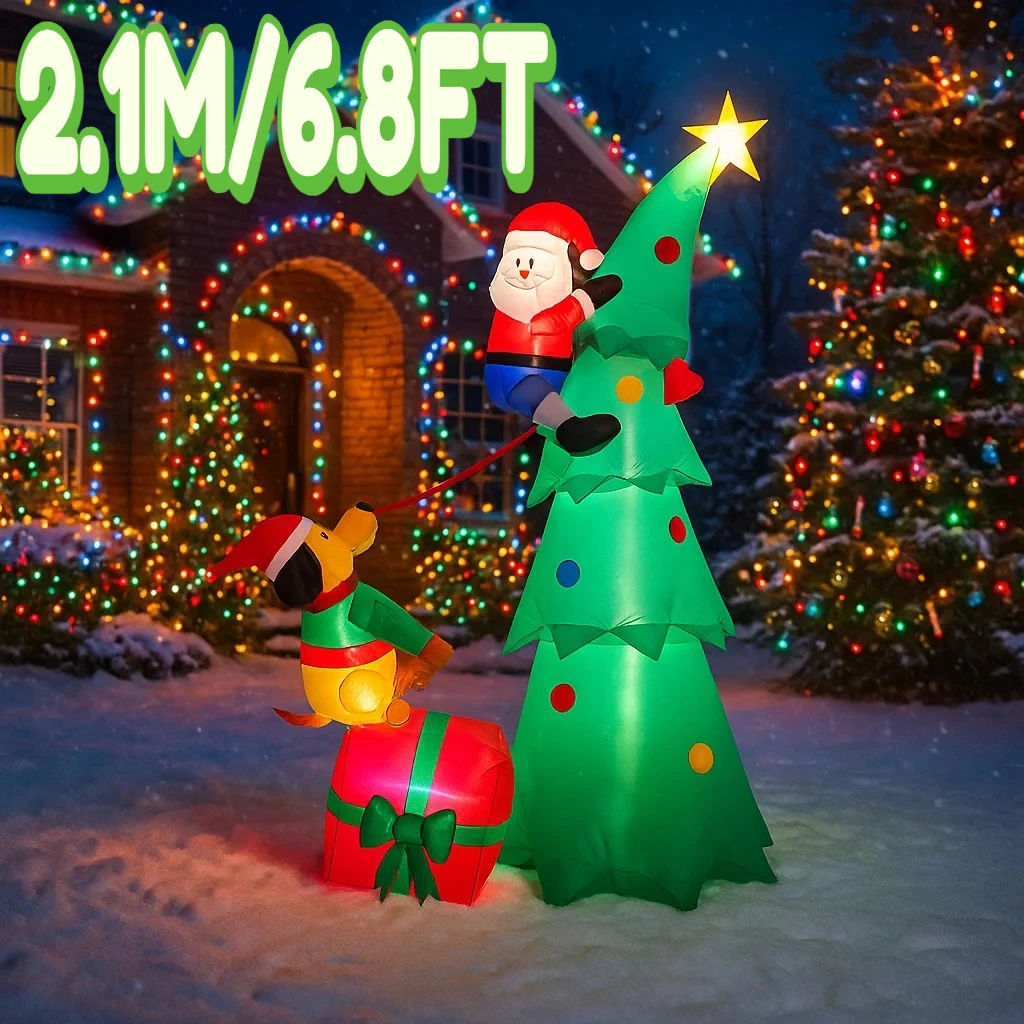 2.1M/6.8FT Inflatable Santa Claus Climbing Tree with Dog  Lights LED Home Holiday Lighting Decorations Yard Xmas Decor Supplies