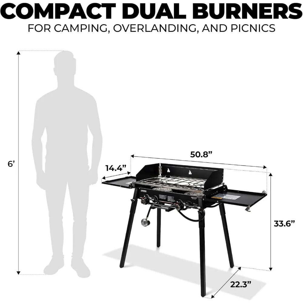 2 Burner Camp Stove with Dual Ring Flame Control - Princeton Portable 2 Burner Propane Gas Stove with Dual Integrated Lids