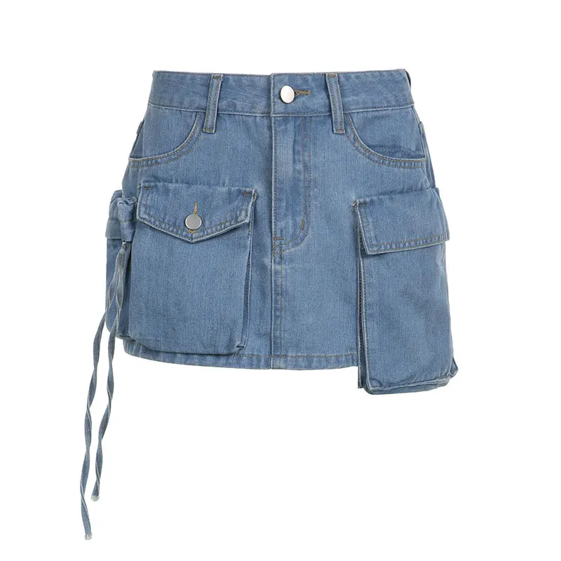 

Fashion High Waist Skirts Female Clubwear Concise Y2K All-match Outfits New Women Asymmetrical Pockets Denim Skirts Sexy Skirts