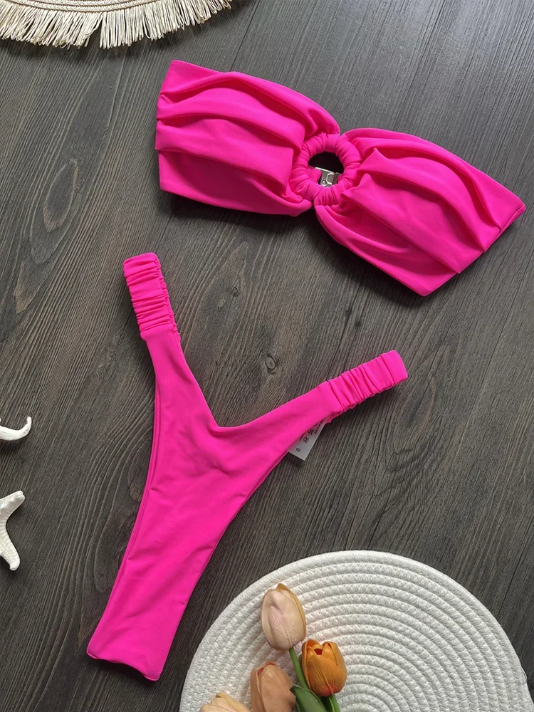 Sexy Fashion Solid Folds Bikinis 2 Piece Set Women Split Swimsuit High Waist Beach Bikinis 2025 New Summer Swimwear Bikinis Set