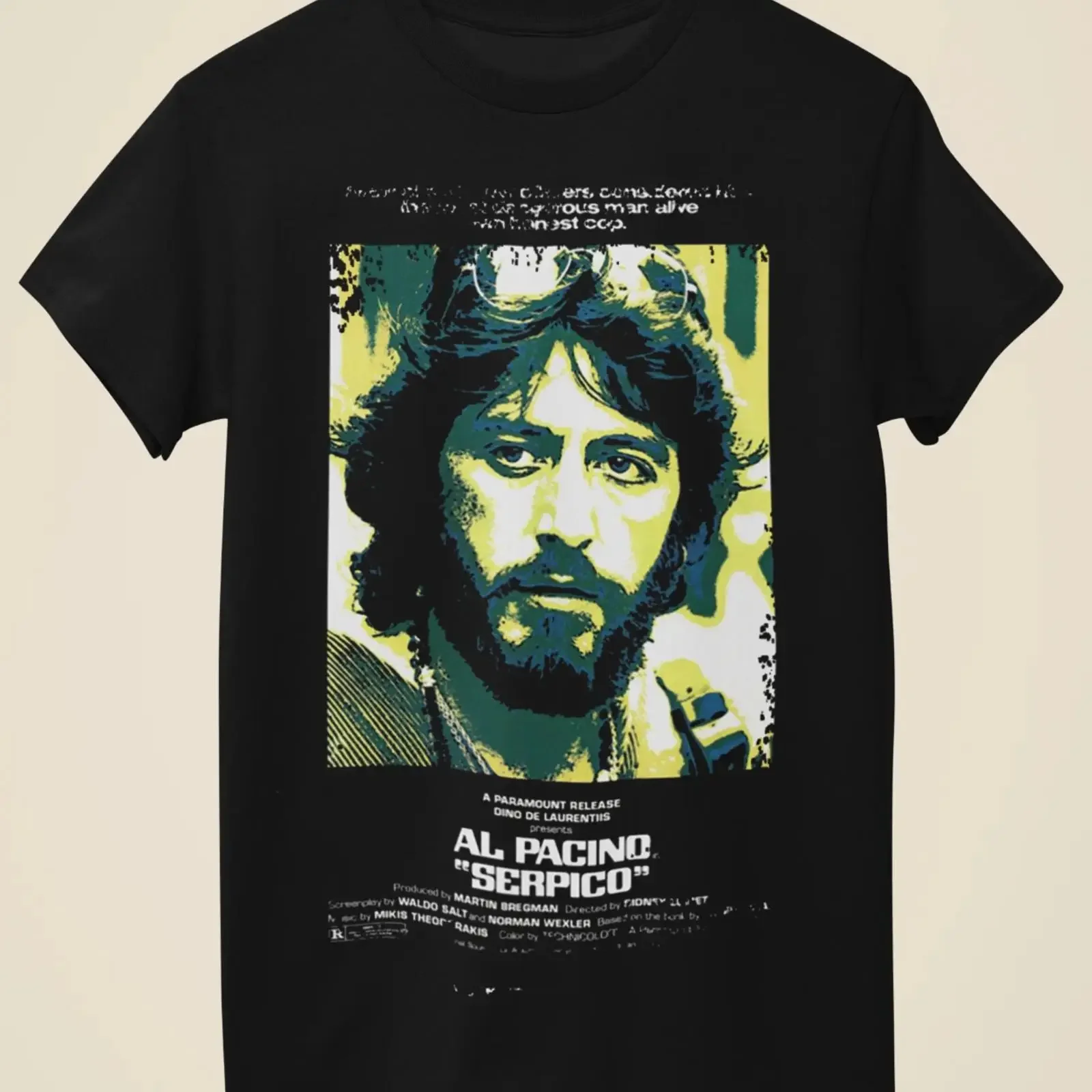 Camiseta negra inspirada en el póster de la película Serpico, camiseta vintage lavada y transpirable para uso diario, ropa cómoda de diseñador unisex