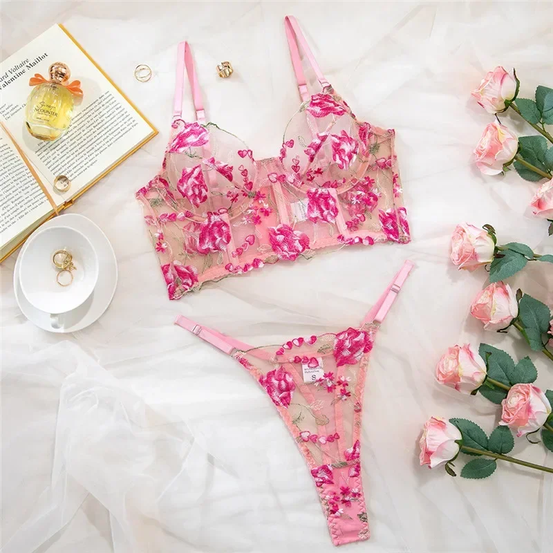 Ensemble de soutien-gorge et culotte sexy en dentelle, broderie de fleurs, armatures, lingerie romantique, rose, sans couture, sous-vêtements ultra fins, sensuel, même ensemble