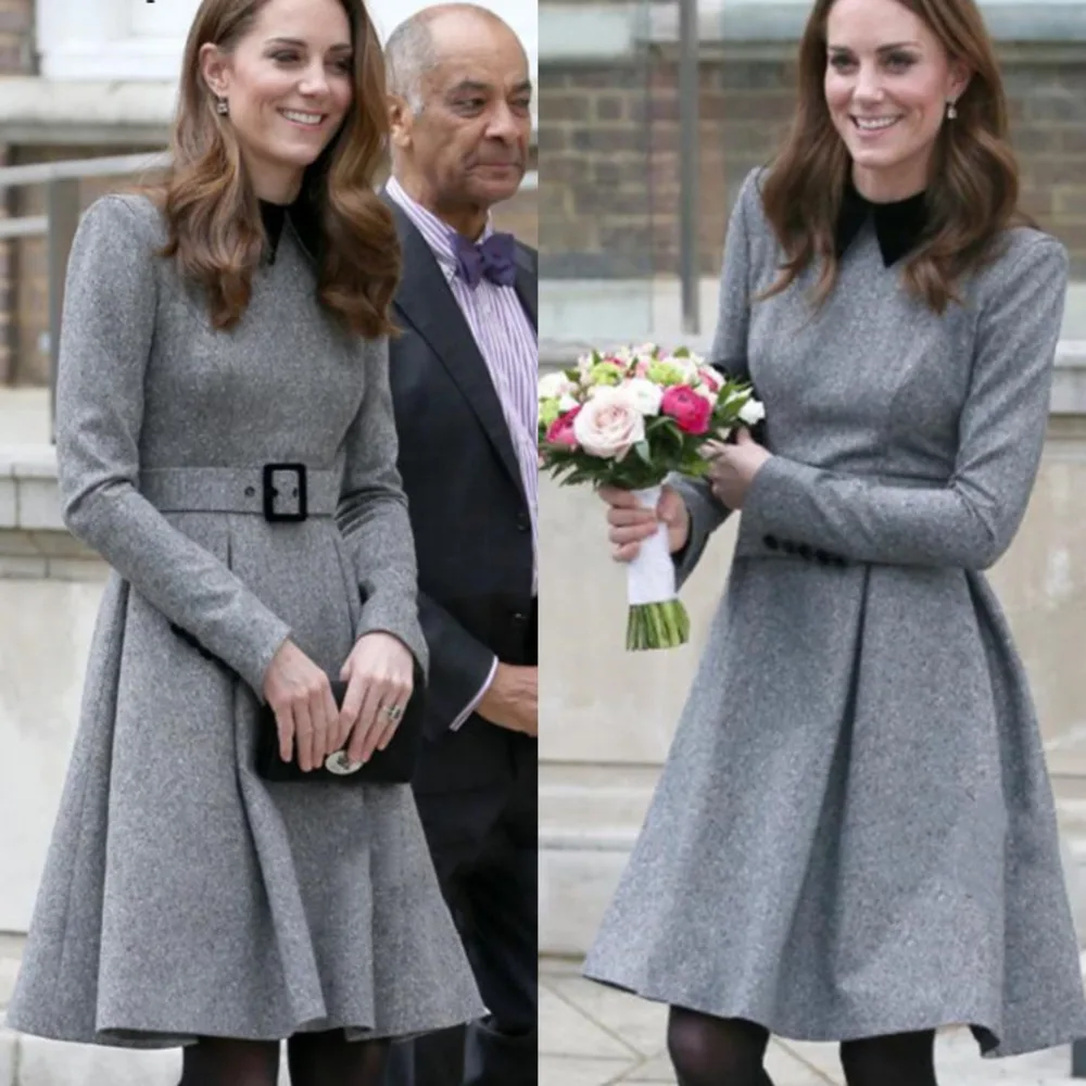 Imagem -04 - Vestido de Princesa Moda Kate Middleton Manga Longa Feminino Uma Linha Midi na Altura do Joelho Vestido de Escritório Senhoras Trabalho Formal Vestidos Casuais