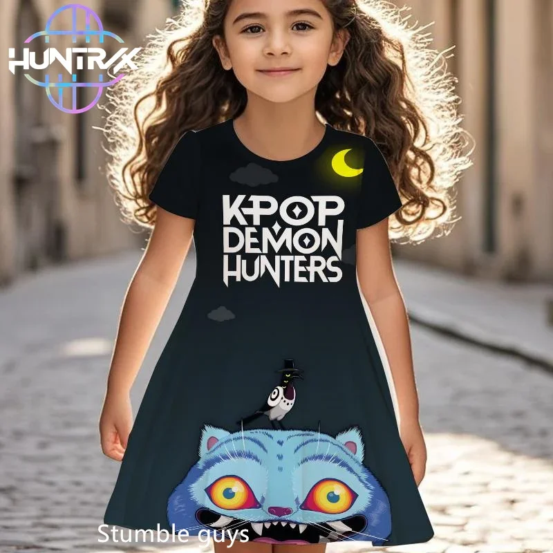

Kpop Demon Hunters Girls Nightgown Summer Kids Cartoon Anime Style Short Sleeve Beach Sundress Casual