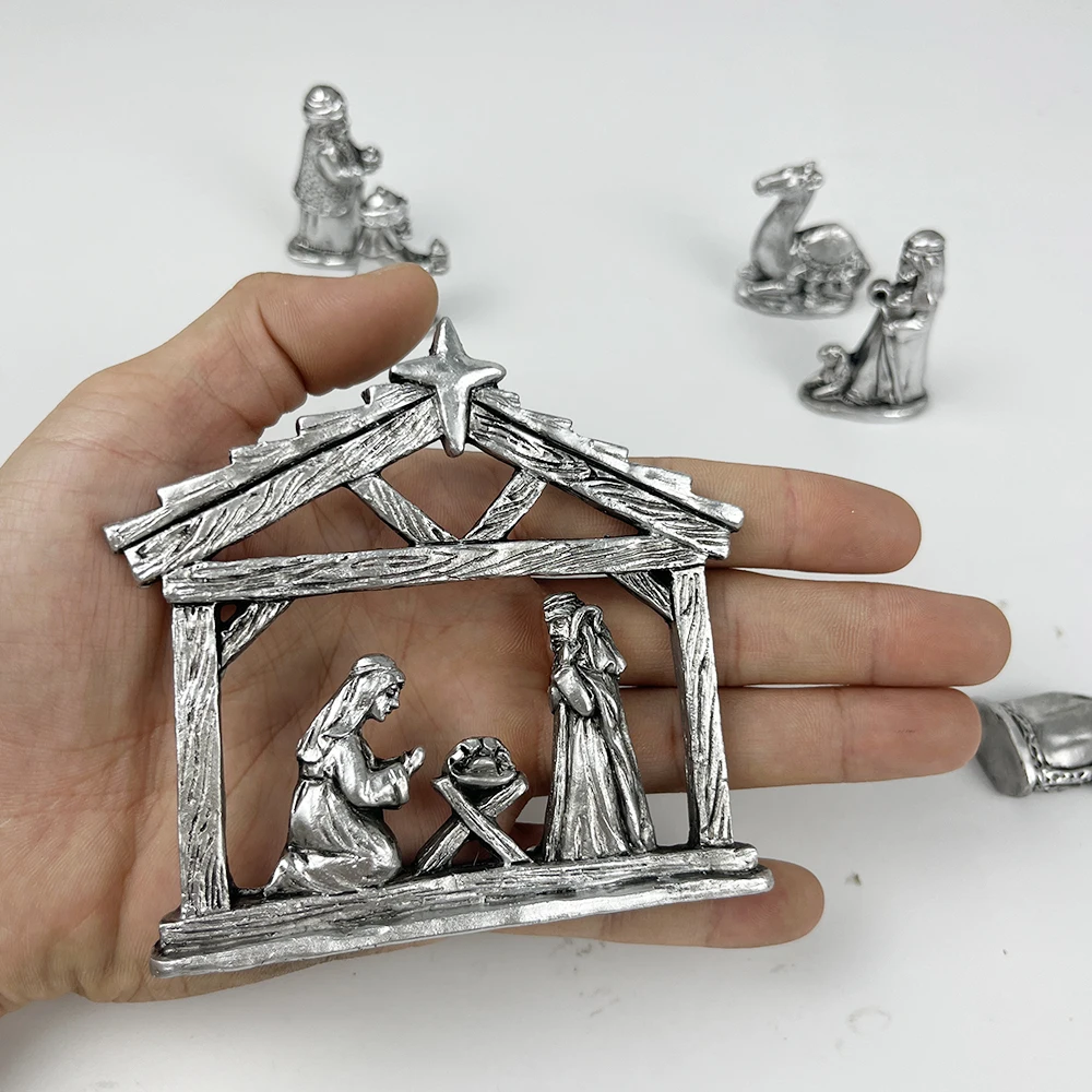 7Pcs Silver Nativity Figurines Set Mini Christmas Manger Scene Holy Family Wise Men Camel Donkey Tabletop Home Holiday Decor