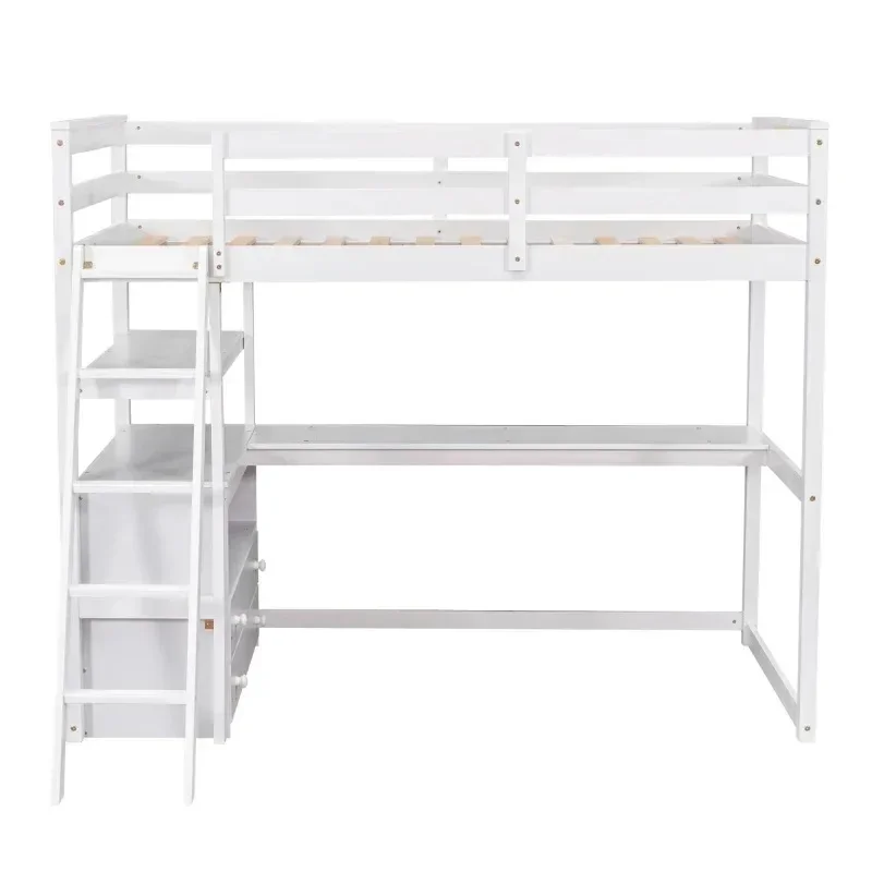 Twin Size Loft Bed with Desk and Shelves, Two Built-in Drawers, Storage Space Available, Suitable for Children's Rooms White