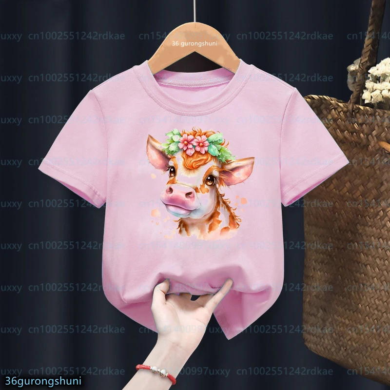Kawaii Girls' T-Shirt Funny Flower Cow Animal Print Tshirt For Kids Summer Fashion Girls' Clothing Pink Tshirts Top Wholesale