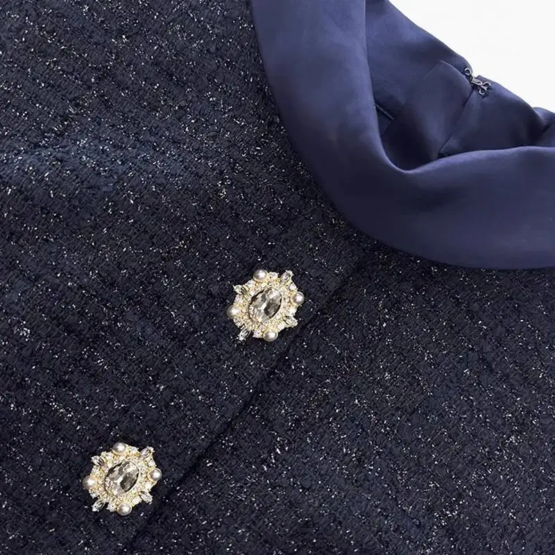 Maxi formal vestidos de noite de luxo feminino verão outono único breasted cristal cetim tweed vestido longo azul festa jantar vestidos