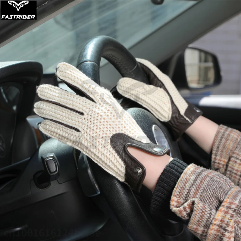 Retro Motorcycle Gloves for Men and Women Genuine Leather Knitted Mesh Touchscreen Breathable Leather Gloves for Drivers