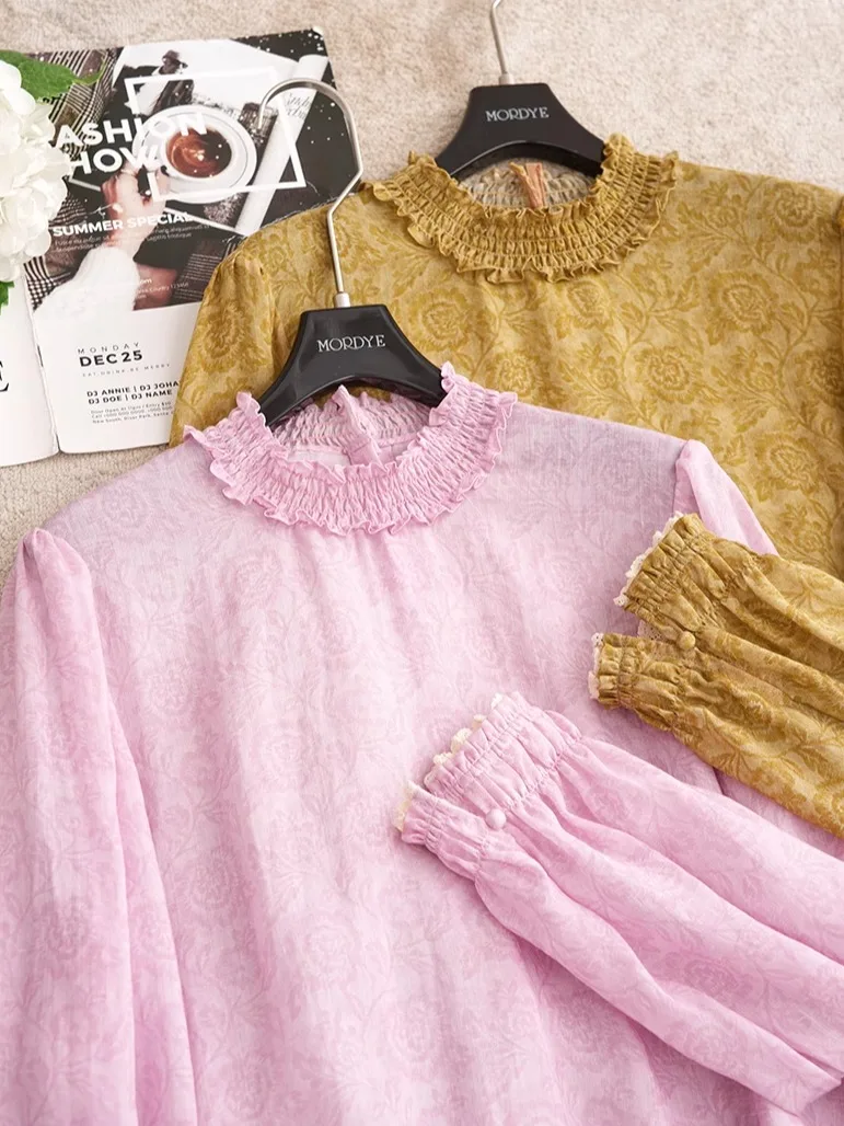 

Рубашка-топ из 100% льна с цветочным принтом и плиссированным воротником, с длинными рукавами, в деловом стиле, стандартной длины, для ценителей натуральных материалов