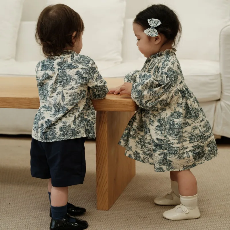 Ins Handmade New Girls Pure Cotton French Retro Literary Loose A-shaped Ink Painting Dress Lantern Sleeves Kids Boutique Dress
