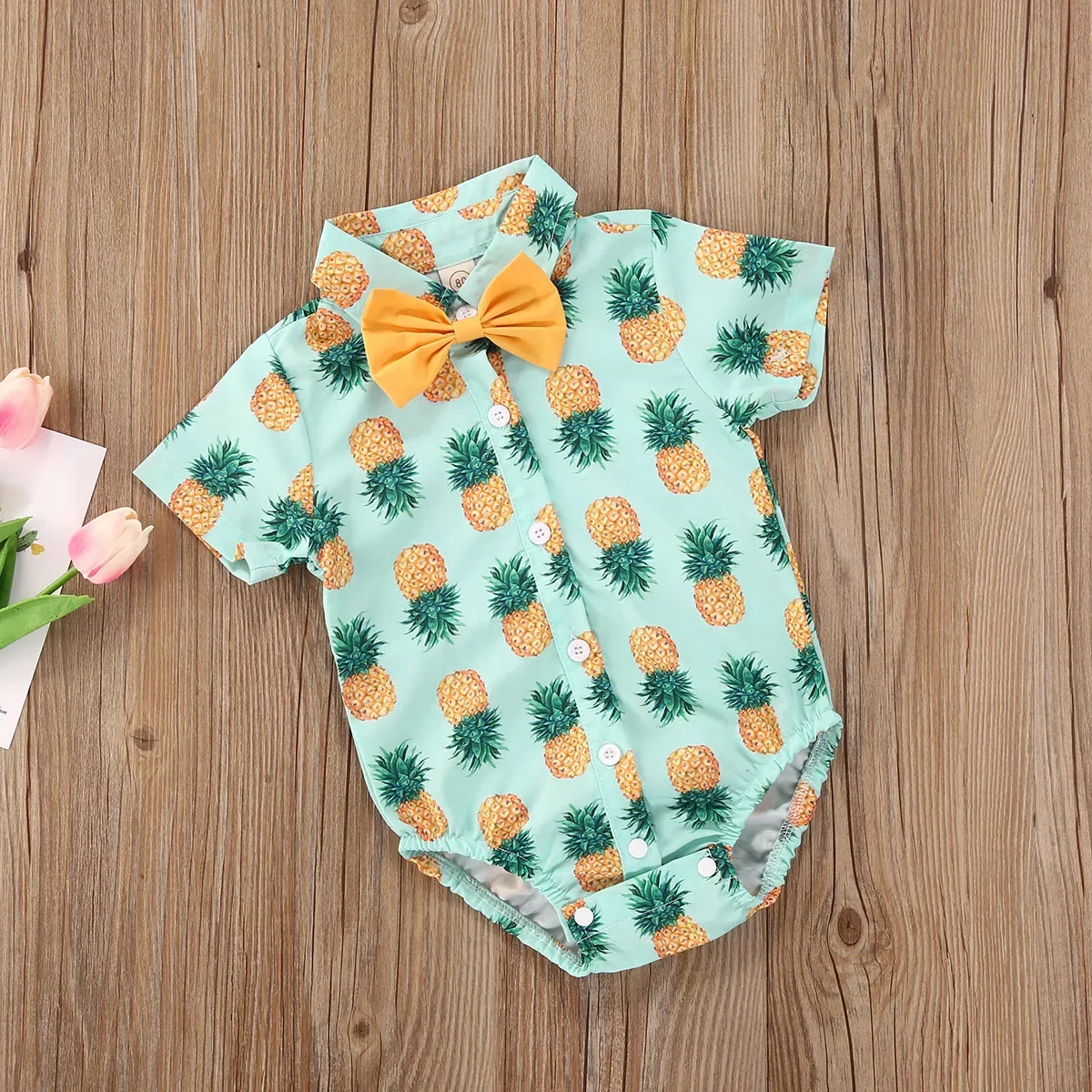 Newborn Baby Boys Jumpsuit Casual Short Sleeve Cartoon Printed Romper+Solid Color Bow Tie