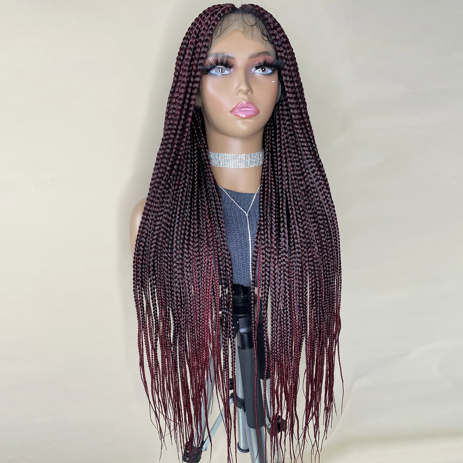 باروكة صناعية مضفرة باللون الأحمر العنابي - دانتيل أمامي كامل مع ضفائر صندوقية بدون عقدة، شعر مقاوم للحرارة للنساء #4