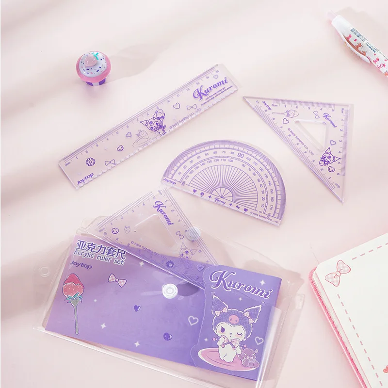 4pcs/Set Cartoon Acrylic My Melody Kuromi Ruler Set Drawing Tool Cute Cinnamoroll Soft Ruler Set Student Office Supplies