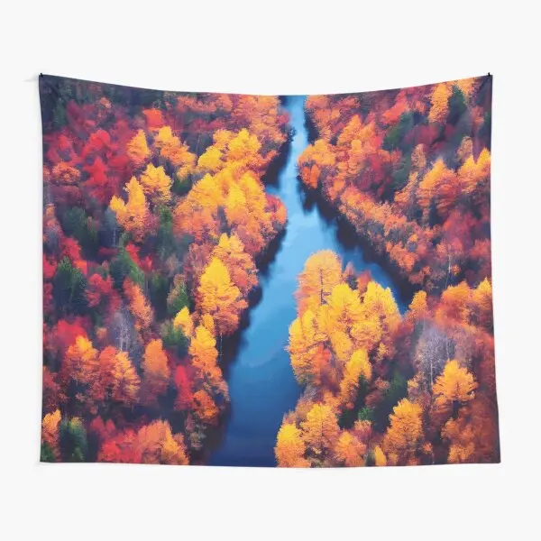 Autumn Forest Tapestry Fallen Maple Leaves Tapestry Yellow Trees Road Wall Hanging Nature Landscape Art for Bedroom Living Room