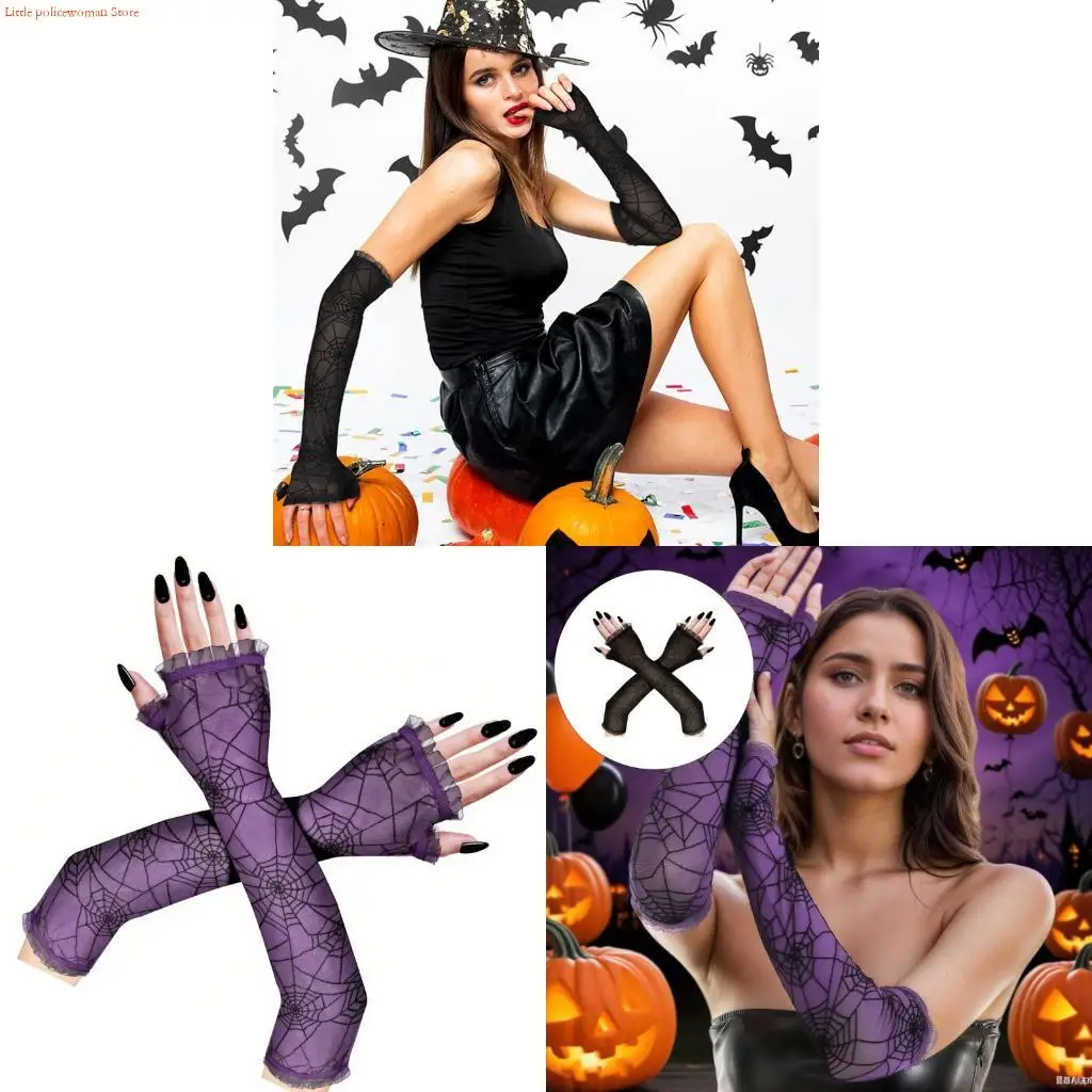 F92D Comfortable Elastic Gloves With Halloween Party Web Detail Costume Accessory