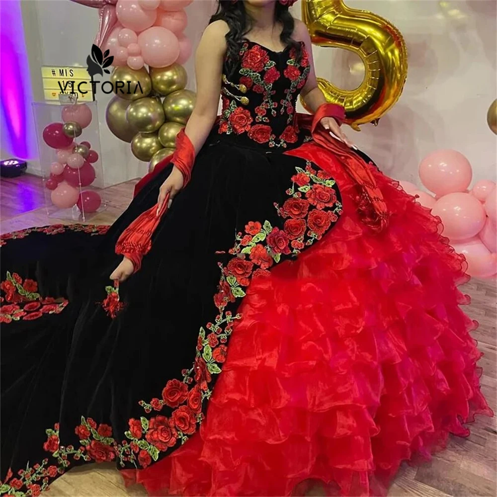 Mexican Black Velvet Rose Embroidery Quinceanera Dresses Red Tulle Ruffels Ball Gown Sweet Sixteen Dress Wedding Gowns