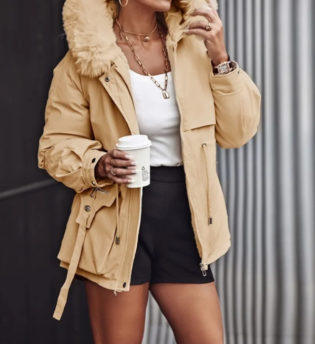 Quilted Jacket Woman 2024 Autumn Winter Faux Fur Lantern Sleeve Hooded Casual Plain Long Sleeve Pocket Zipper Cargo Parka Coat