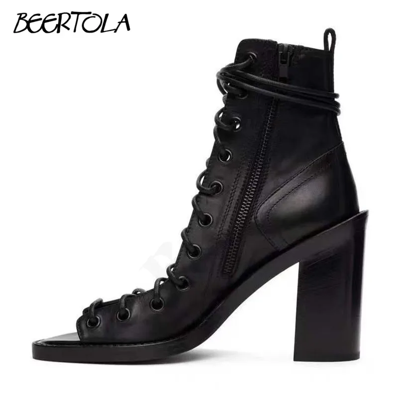 Black Hollow Cross Strap Boots Round Toe Open Toe Thick High Heel Sandals Fashionable Side Zipper High Heel High Top Boots