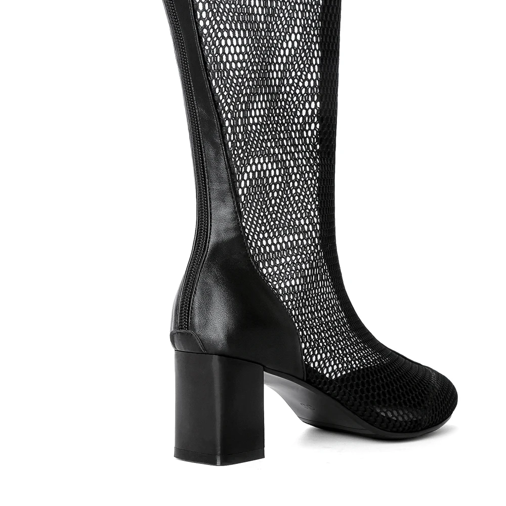 Cutouts Knee High Boots Summer Mesh Grid 6cm Chunky Heels Sandal Boots Black Apricot Sexy Big Size Shoes 2023 New