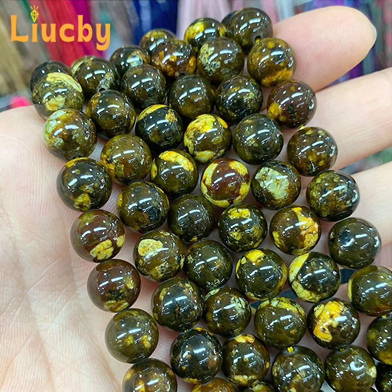 Natural Stone yellow Three Life Smooth Beads for Jewelry Making DIY Rings Bracelets Earrings Accessories 15\