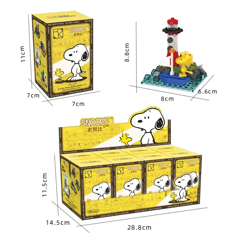 Caja de bloques de construcción de Snoopy genuino, serie de escenas callejeras, ensamblaje de escenas de dibujos animados, juguetes de regalo para niños