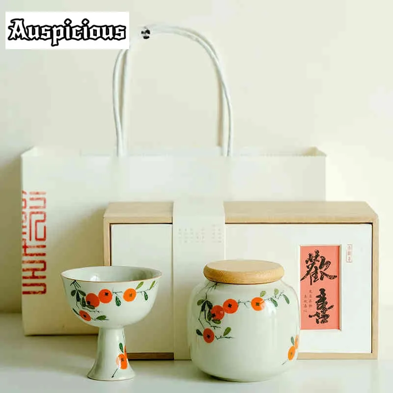 

High-end Grass Wood Ash Teacup Pure Hand-painted Persimmon Tea Jar Caddy Tea Set Designer Tea Ceremony Kung Fu Teaware Gift Box