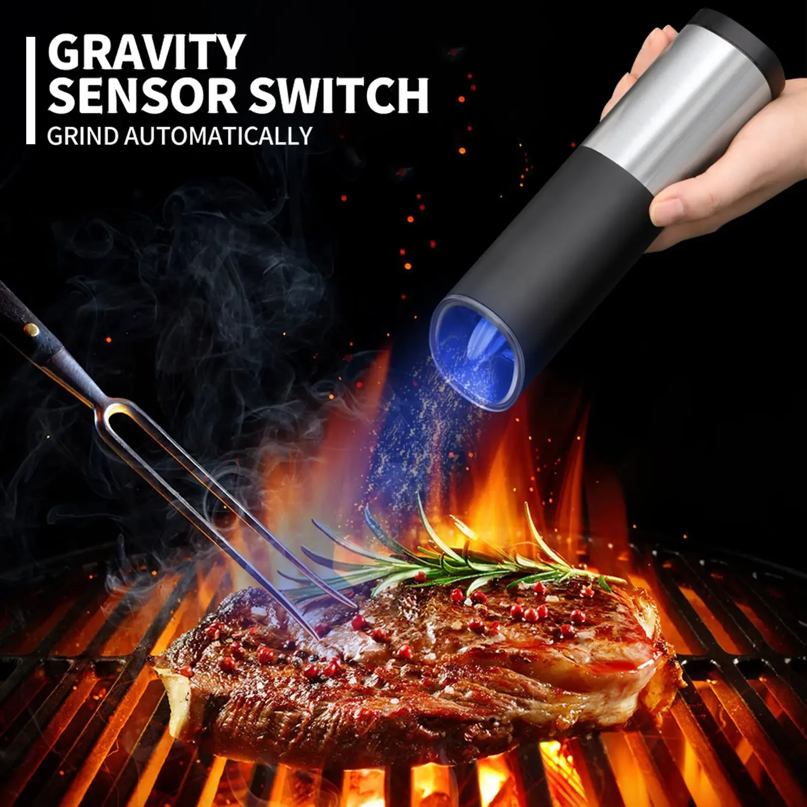 Electric Automatic Mill Pepper Salt Grinder Battery Powered Kitchen Spice Mills With LED Light Adjustable Coarseness BBQ Tools