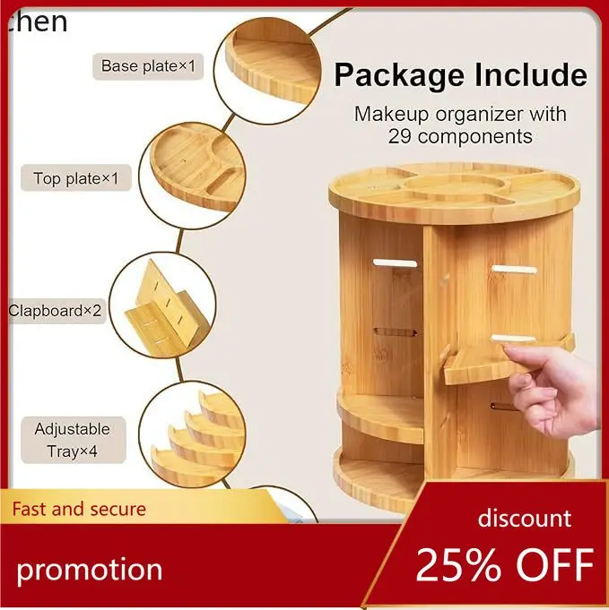 YFY solid wood rotating desktop organizer - round, multi-tiered storage rack for lipsticks, skincare, and more