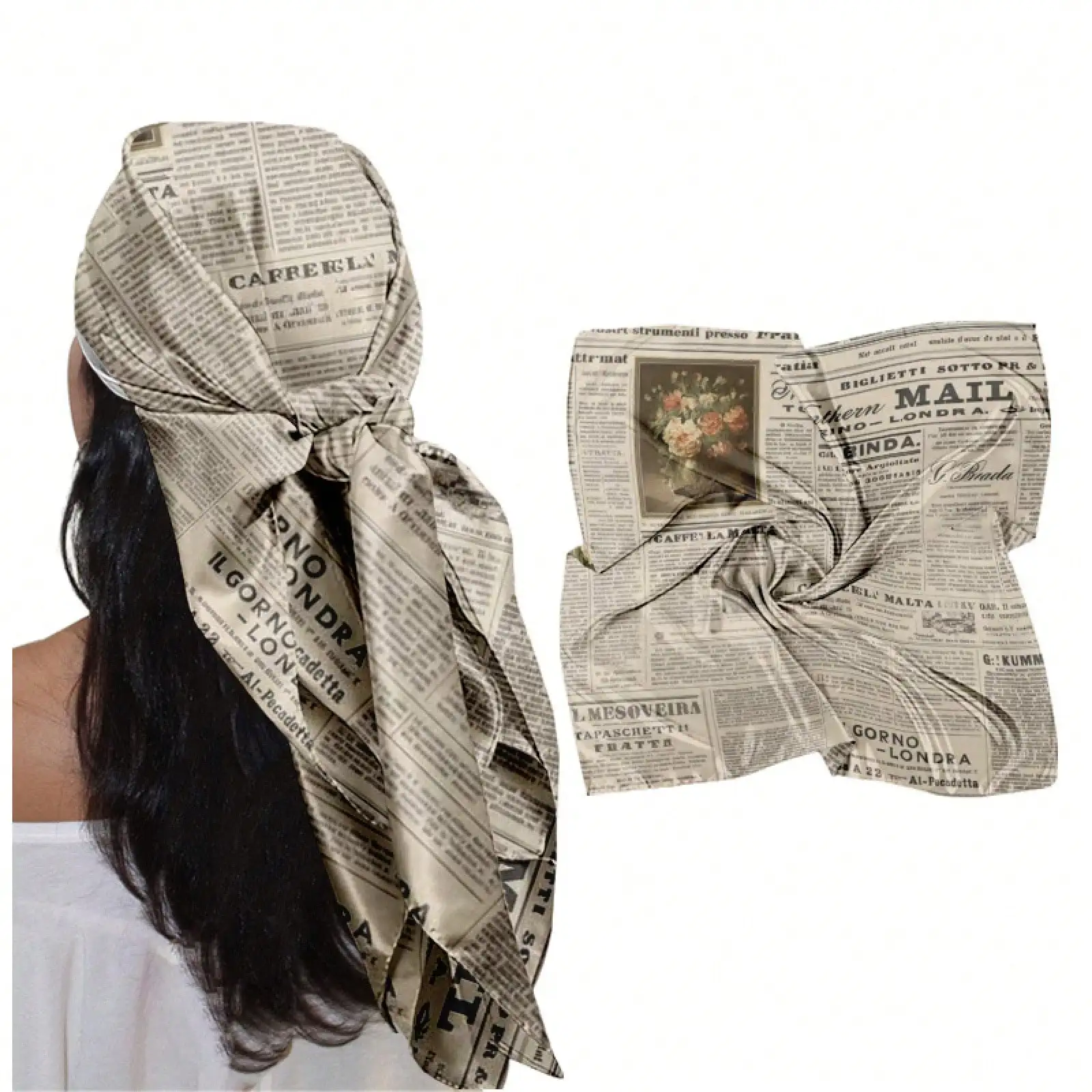 

Vintage Newspaper Print Headscarf Soft Skin‑Friendly Breathable Single‑Sided Printed Scarf Stylish Fashion Accessory For Daily Outing Shopping Date Outdoor Seaside Vacation Travel Summer Holiday
