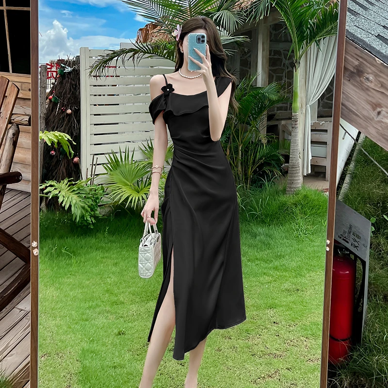 レディース ピンク サテン シック オフショルダー セクシー スリング ドレス 2025 エレガント ラグジュアリー インターナショナル ドレス サマー 韓国 ボディコン イブニングドレス