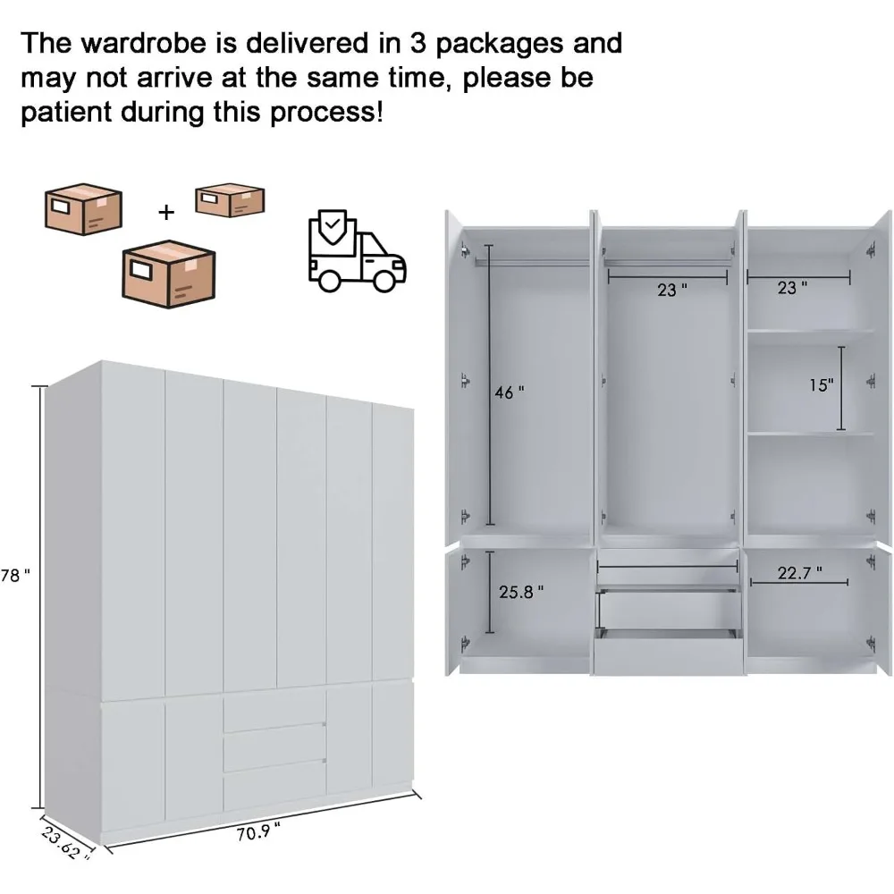 78” 6-Door Large Armoire Wardrobe Closet, Bedroom Armoire with 3 Drawers & 2 Hanging Rod, Wooden Armoires and Wardrobe