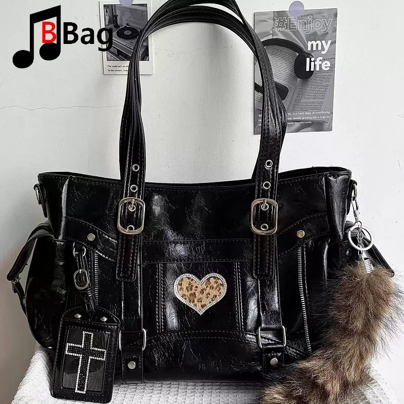 Niche Design Shoulder Crossbody Bag Large Capacity Tote Y2K Hot Girl Cross Motorcycle Bag Punk Grunge Dark Academia Alt Goth