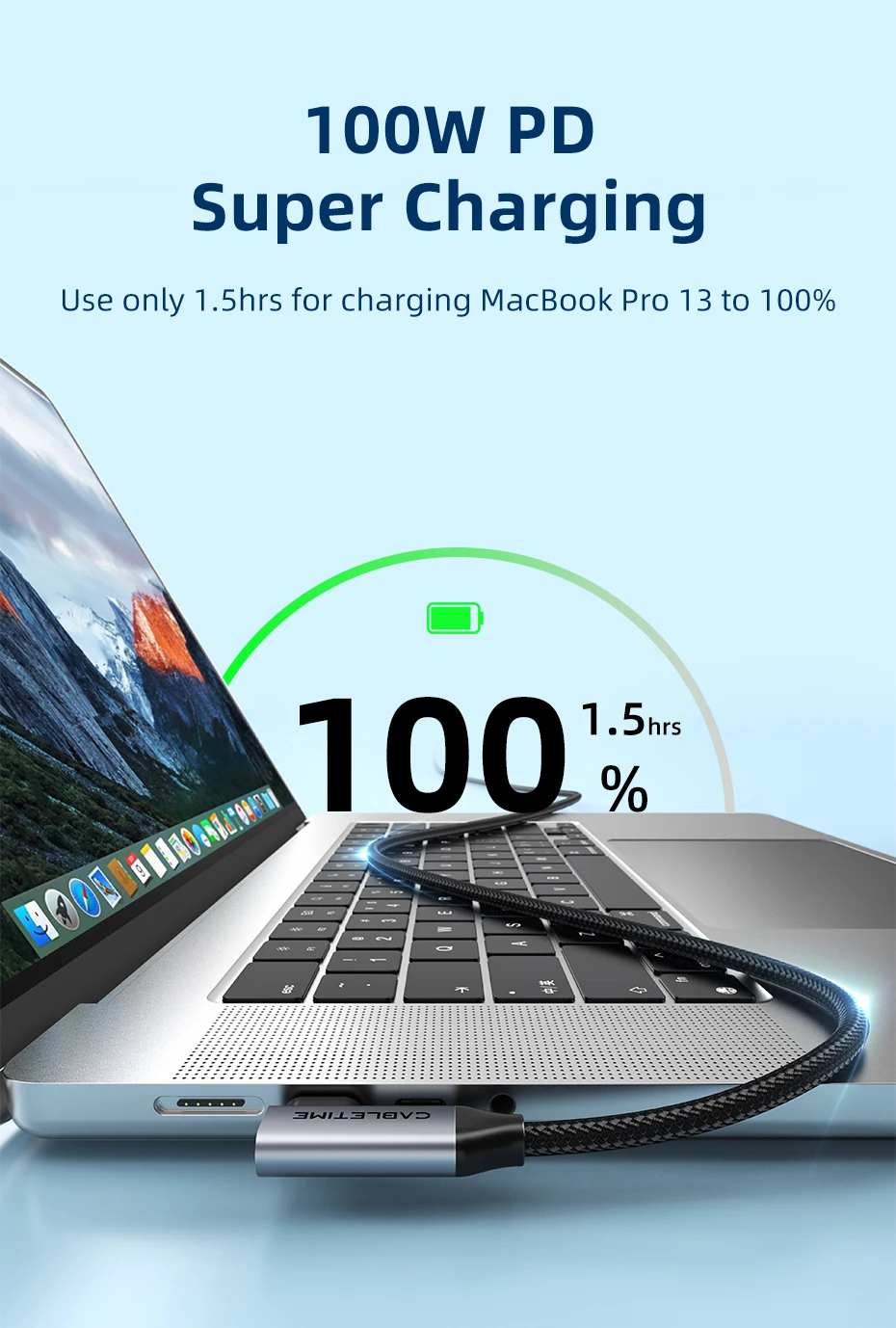CABLETIME PD100W USB-C-Kabel 20Gbps USB 3.2 Gen 2 für Schnelles Laden, Video-Unterstützung, iPhone-Kabel für iPad, Huawei, MacBook Pro – Detail 5
