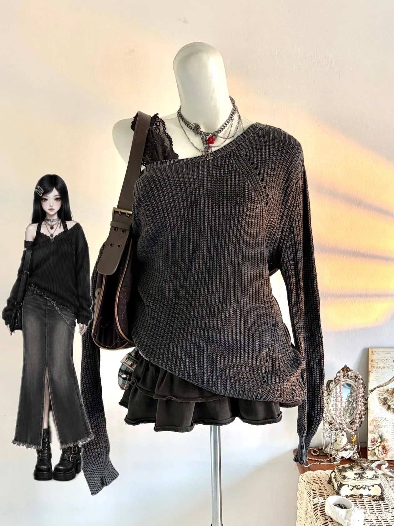 Grunge Alt Women Dark Washed Slanted Shoulder Knitted Sweater Hollow Out Loose Long Sleeve Y2K Irregular Pullover